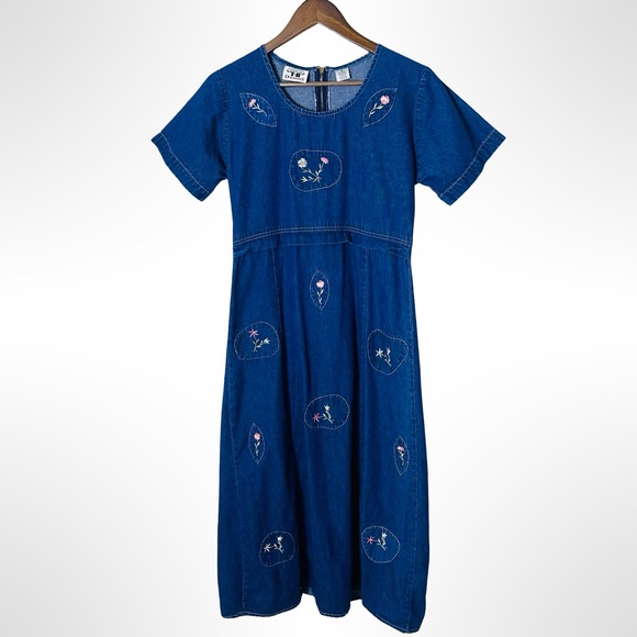 Vintage Blue Embroidered Denim Midi Dress Folk Cottage Medium - Picture 2 of 15